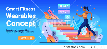 Smart fitness wearables concept woman running stairs activity tracker heart rate timer modern gradient background website banner Smart fitness wearables concept woman running stairs activity tracker heart rate timer modern gradient background website banner 135121178