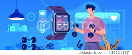 Smartwatch fitness tracking man exercising with dumbbells modern home gym heart rate monitor health app interface blue background 135121187