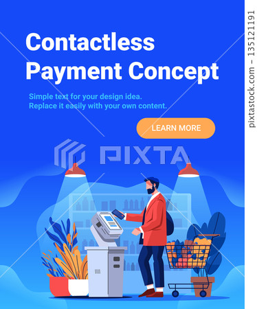 Contactless payment concept man using smartphone self checkout supermarket shopping cart modern store interior blue background template Contactless payment concept man using smartphone self checkout supermarket shopping cart modern store interior blue background template 135121191
