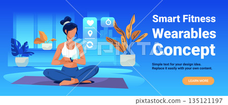 Smart fitness wearables concept woman using smartwatch yoga mat indoor plants blue background UI icons modern website banner Smart fitness wearables concept woman using smartwatch yoga mat indoor plants blue background UI icons modern website banner 135121197