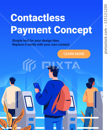 Contactless payment concept people using digital devices at self-service kiosks modern technology blue background web banner 135121200
