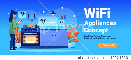 WiFi appliances concept smart kitchen technology woman controlling oven with smartphone modern home interior blue background website banner 135121210