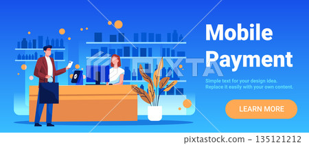 Mobile payment contactless transaction in store modern cashier counter customer holding smartphone shopping bag digital device blue background website banner 135121212