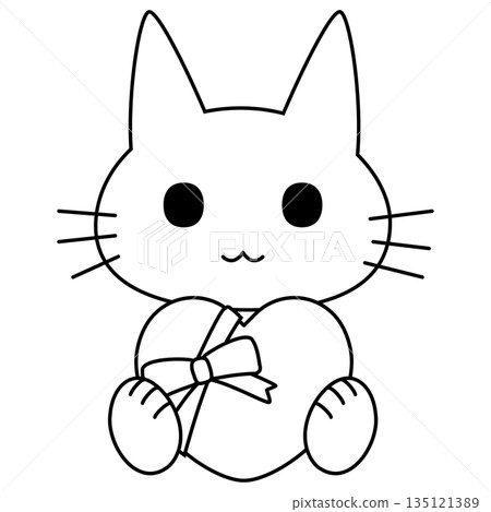 一幅可愛的貓咪坐著，手裡拿著一個大大的心形禮物的插圖 135121389