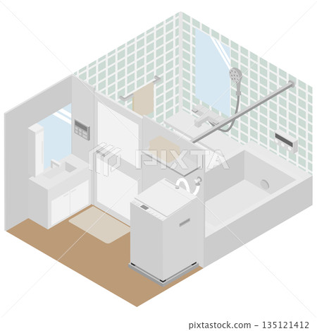浴室、更衣室和洗手間的等距視圖簡圖 135121412