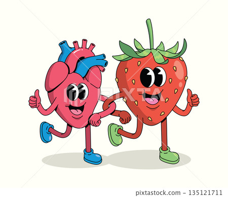 strawberry and heart groovy cartoon illustration 135121711