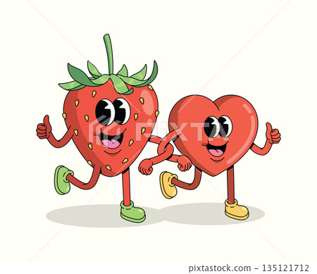 strawberry and love groovy cartoon illustration 135121712