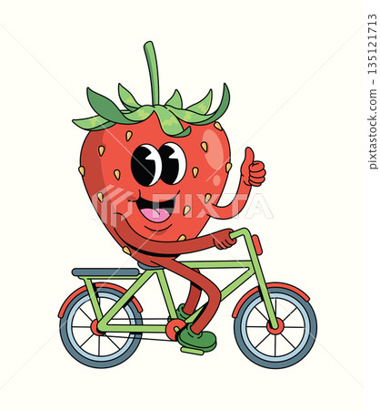 strawberry bicycle groovy cartoon illustration 135121713