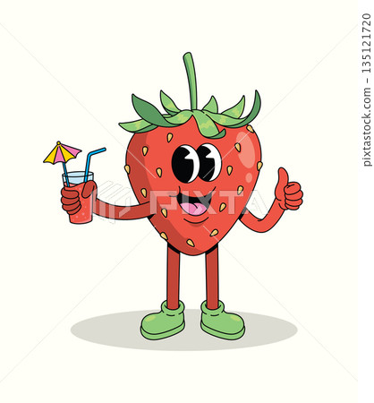 strawberry drink style groovy cartoon illustration strawberry drink style groovy cartoon illustration 135121720