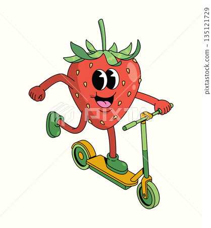 strawberry kick scooter groovy cartoon illustration 135121729