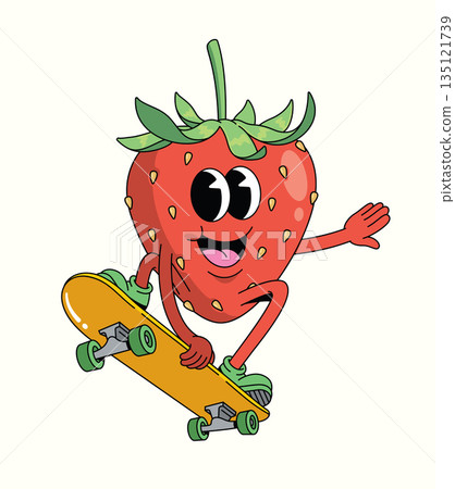 strawberry skateboard style groovy cartoon illustration strawberry skateboard style groovy cartoon illustration 135121739