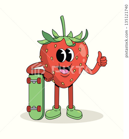 strawberry skateboard thumbs up groovy cartoon illustration 135121740