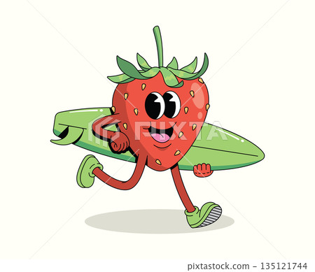 strawberry surf walk groovy cartoon illustration 135121744