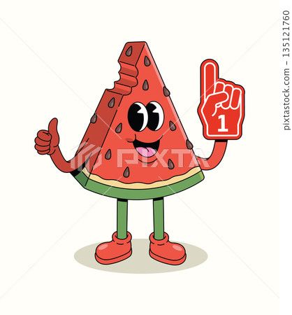 watermelon foam hand groovy cartoon illustration 135121760