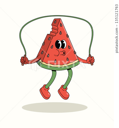 watermelon jump rope groovy cartoon illustration watermelon jump rope groovy cartoon illustration 135121763