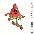 watermelon kick scooter groovy cartoon illustration 135121764