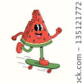 watermelon skateboard groovy cartoon illustration 135121772
