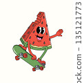 watermelon skateboard groovy cartoon illustration 135121773