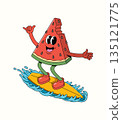 watermelon surf groovy cartoon illustration 135121775