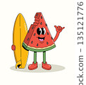 watermelon surf shaka groovy cartoon illustration 135121776