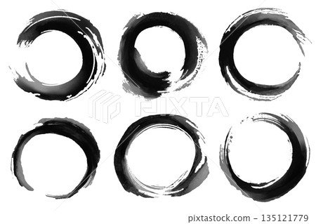 Set of hand-painted black ink Enso circles. Abstract Japanese zen symbols with grunge brush stroke texture. Minimalist oriental calligraphy elements isolated on white background. Vector illustration. 135121779