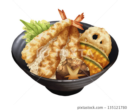 Premium realistic hand-drawn watercolor illustration of Tendon or tempura donburi, a Japanese rice bowl topped with crispy shrimp tempura and assorted vegetables like pumpkin and shiitake mushroom. 135121780