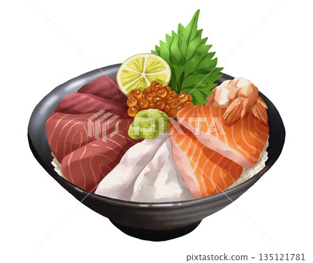 Premium realistic hand-drawn watercolor illustration of Kaisendon, a deluxe seafood rice bowl topped with sashimi tuna, salmon, white fish, shrimp, ikura, and shiso leaf. Transparent background. 135121781