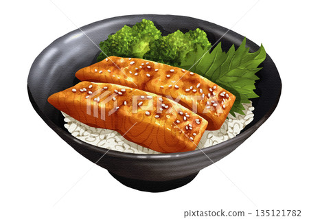 Premium realistic hand-drawn watercolor illustration of grilled salmon donburi with sesame seeds, broccoli, and shiso leaf served over rice. Transparent background. 135121782