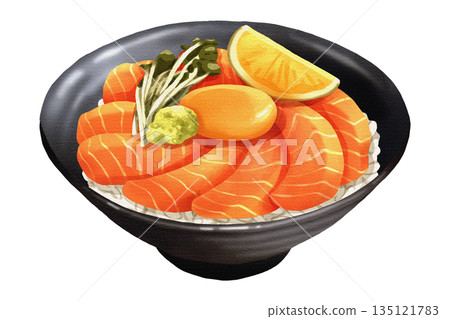 Premium realistic hand-drawn watercolor illustration of fresh salmon donburi with sliced sashimi, lemon, wasabi, sprouts, and a raw egg yolk on rice. Transparent background. 135121783