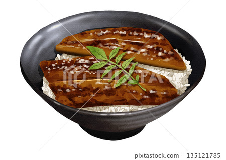 Premium realistic hand-drawn watercolor illustration of Unadon featuring grilled eel or unagi with sweet soy glaze over a bed of rice. Transparent background. Premium realistic hand-drawn watercolor illustration of Unadon featuring grilled eel or unagi with sweet soy glaze over a bed of rice. Transparent background. 135121785