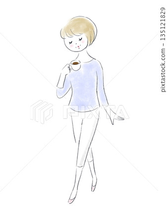 A hand-drawn illustration of a woman relaxing with her eyes closed and enjoying a cup of coffee A hand-drawn illustration of a woman relaxing with her eyes closed and enjoying a cup of coffee 135121829