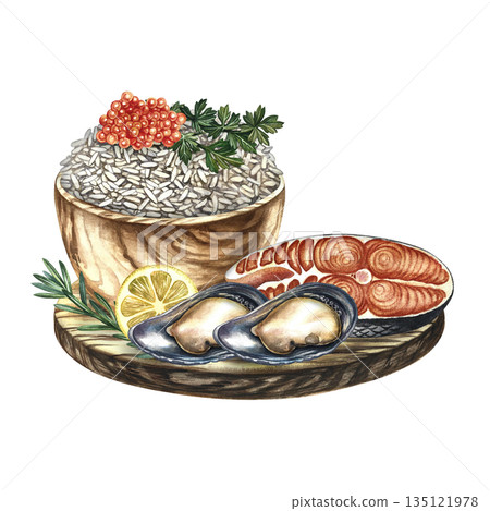 Seafood dish with fish, mussels, and a side dish of rice with red caviar and herbs. Hand-drawn watercolor illustration. For menus, recipes, and cookbooks. For banners, flyers, packaging, and labels. 135121978