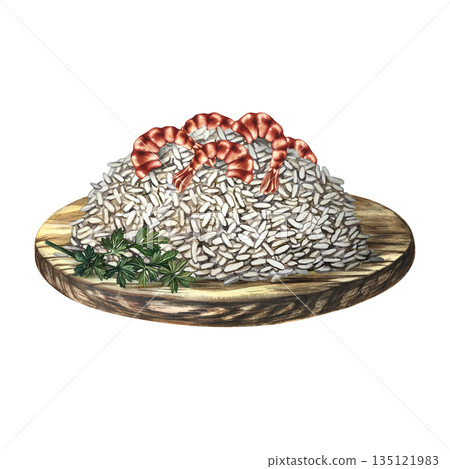 Shrimp rice side dish on a wooden tray. Hand-drawn watercolor illustration. Menu, recipe, and cookbook design element. For banners, flyers, packaging, labels, and more. 135121983