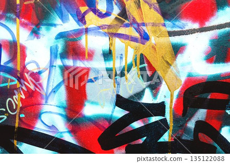 Colorful Street Graffiti with Dripping Paint in Red, Blue, Yellow for Urban 90s, Y2K Style 135122088