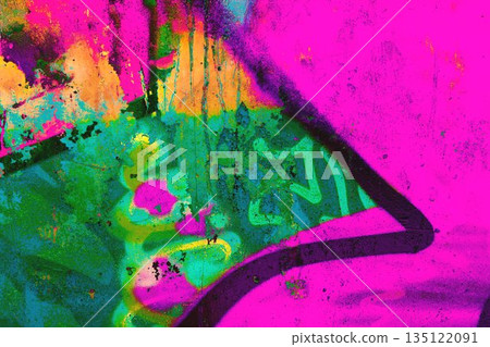 Abstract Neon Street Art Graffiti with Bright Pink, Green, Yellow Colors in Y2K, 90s Style 135122091