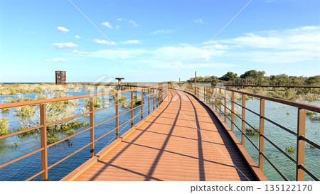 Curved Trail With Railing And Tower, Meandering Pathway Extends To Distant Observation Structure, Serpentine Footpath Guides Eye Towards Skyline Featuring Observation Tower And Shimmering Waters Curved Trail With Railing And Tower, Meandering Pathway Extends To Distant Observation Structure, Serpentine Footpath Guides Eye Towards Skyline Featuring Observation Tower And Shimmering Waters 135122170