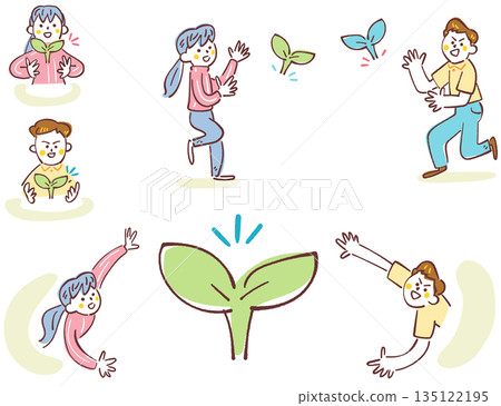 A set of cheerful children, boys and girls, rejoicing in budding and growing, an image of education and hope for the future, hand drawn A set of cheerful children, boys and girls, rejoicing in budding and growing, an image of education and hope for the future, hand drawn 135122195