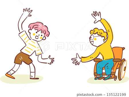 坐在輪椅上的孩子和他的朋友張開雙臂，欣喜地迎接彼此，展現了包容的友誼和問候，手繪作品。 135122199