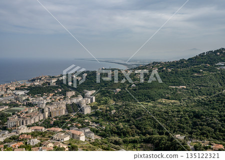 Aerial view Mountain Viewpoint of Bastia in the north of Corsica island - Genoese city overlooking the Mediterranean Sea Aerial view Mountain Viewpoint of Bastia in the north of Corsica island - Genoese city overlooking the Mediterranean Sea 135122321