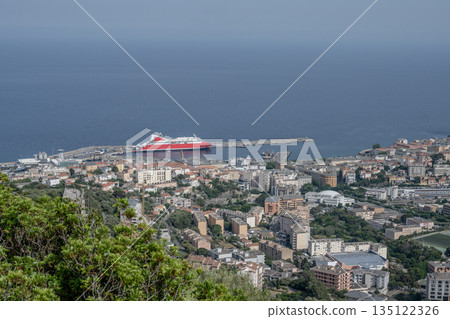 Aerial view Mountain Viewpoint of Bastia in the north of Corsica island - Genoese city overlooking the Mediterranean Sea 135122326