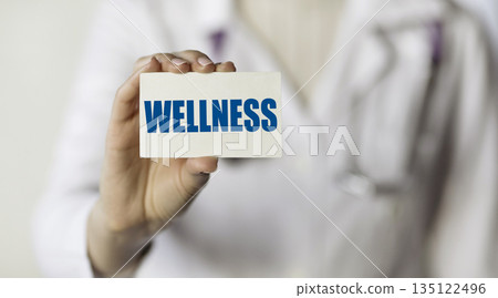 WELLNESS. Card with text in hand of Medical Doctor. 135122496