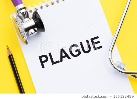 PLAGUE text write on medical notebook with stethoscope. PLAGUE text write on medical notebook with stethoscope. 135122499
