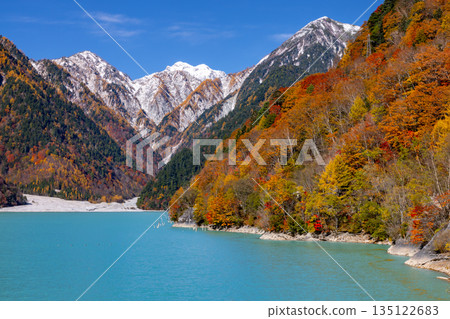 Taira, Omachi City, Nagano Prefecture - The vibrant milky blue autumn leaves of the Takase Dam regulating lake and the snow-capped mountains against the blue sky Taira, Omachi City, Nagano Prefecture - The vibrant milky blue autumn leaves of the Takase Dam regulating lake and the snow-capped mountains against the blue sky 135122683