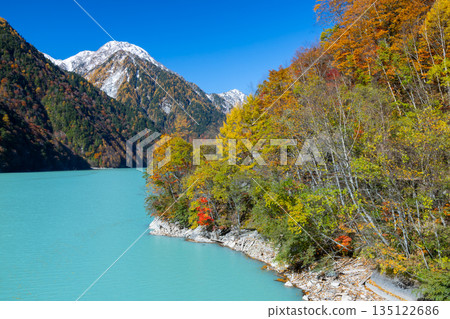 Taira, Omachi City, Nagano Prefecture - The vibrant milky blue autumn leaves of the Takase Dam regulating lake and the snow-capped mountains against the blue sky Taira, Omachi City, Nagano Prefecture - The vibrant milky blue autumn leaves of the Takase Dam regulating lake and the snow-capped mountains against the blue sky 135122686