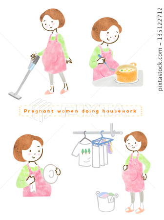 Illustration set of a pregnant woman in an apron doing housework 135122712