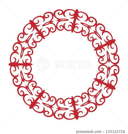 Round frame with a Turkic pattern. Abstract Pattern of Turkic peoples, Kazakh, Kyrgyz, Mongol. Islam, Arabic, Indian, ottoman motif. Medallion, embroidery, card, textile, ceramic. Vector illustration. 135122728