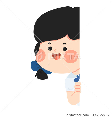 Cheerful Schoolgirl Peeking Behind a Wall or Frame Illustration Cheerful Schoolgirl Peeking Behind a Wall or Frame Illustration 135122737