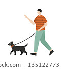 Full-body illustration of a young man enjoying a walk with his dog 135122773