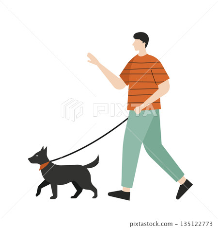一位年輕男子牽著他的狗散步的全身插圖 一位年輕男子牽著他的狗散步的全身插圖 135122773