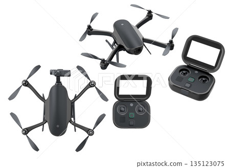 Set of modern quadcopter drones with matching controllers isolated on white background, concept of technology Set of modern quadcopter drones with matching controllers isolated on white background, concept of technology 135123075